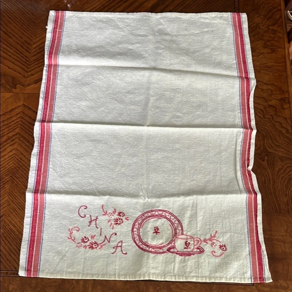 Embroidered China Tea Towel Cream Red and Pink